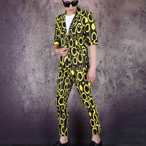 Fashion Nightclub Suit For Male Singer Stage Performance Costume Yellow Circle Print Evening Party Menswear Hiphop Clothing 1885