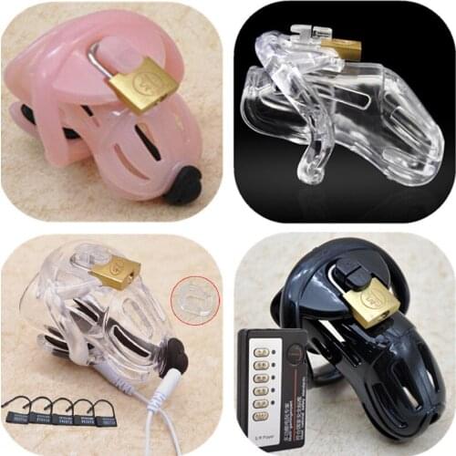 New Electric Shock Male Plastic Chastity Cage with 4 Penis Cock Ring Restraint Electro Chastity Device BDSM Toys for Men G7-3-12