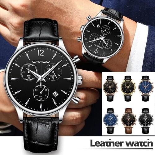 CRRJU classic style mens watch, fashion sports high-end watch, waterproof classic business mens leather watch