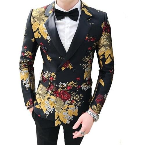 2021 Floral Blazer Men Gold Tulips Printed Casual Blazer Suit Jacket Double Breasted Gentleman Wedding Slim Fit Dress Coat