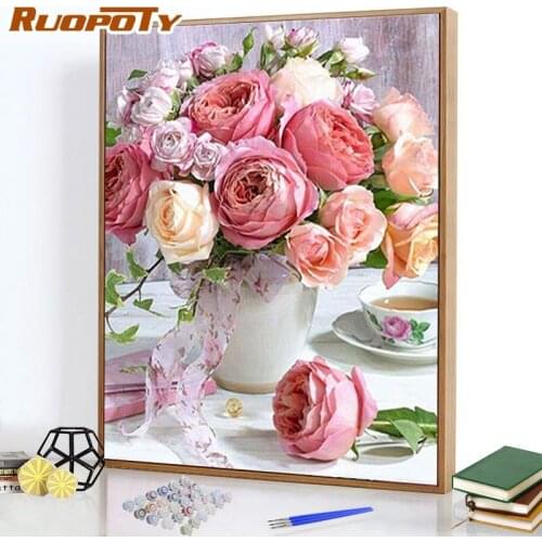 RUOPOTY Flowers Painting By Numbers Paint Kits Pictures On Canvas Zero-based Acrylic For Adult Frame 60x75cm DIY Home Decor Gif