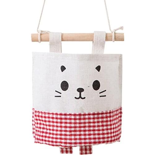 Bedroom Wall Hanging Basket Storage Pouch Bag Organizer Linen Cotton Storage Basket - Red