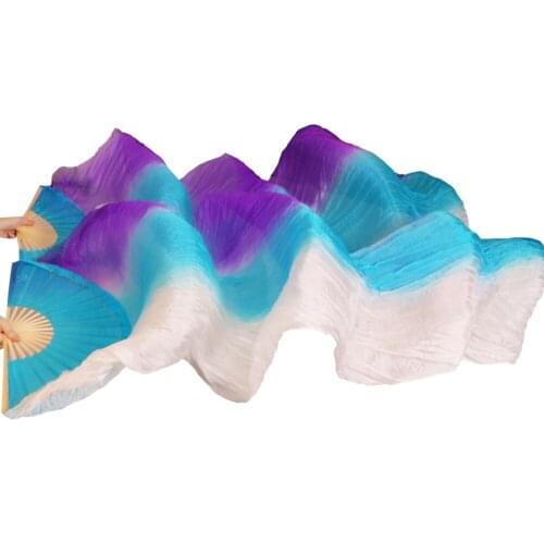 2017 Newest Handmade Bamboo Ribs Dance Props Silk Belly Dance Fans Natural Silk 1 Pair Purple+Turquoise+White Stripe Colors Fans