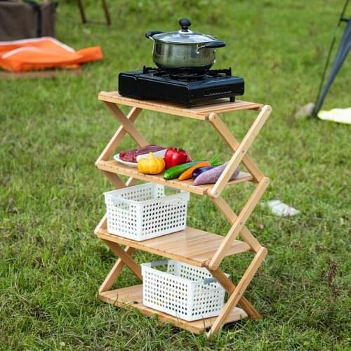 Outdoor Camping Equipment Supplies Multi-Layer Storage Rack Picnic Simple Folding Table Portable Solid Wood Storage Activity