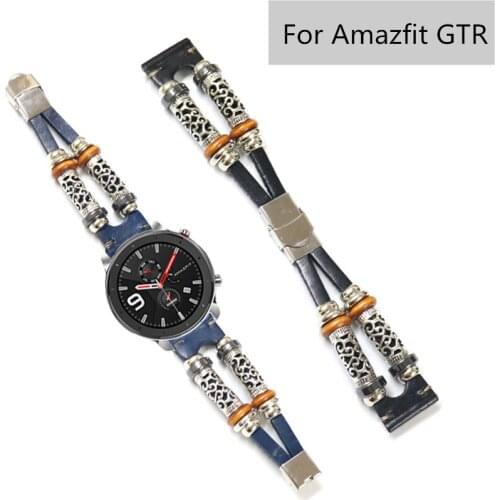 20mm 22mm Watch Band for Amazfit GTR Strap Genuine Leather Beading Watchband Bracelet for Huami Amazfit Bip/Pace/Stratos 2 2S