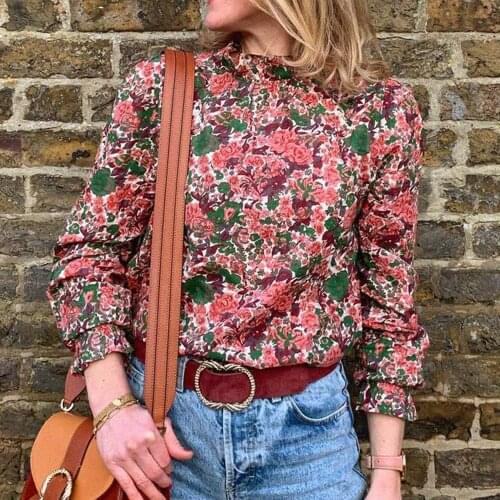 Back Bow Shirt Ruffle Elegant Women Long Sleeve Blouse Floral Print Blouses Female Vintage Casual Chic Tops Chemises Hauts Retro