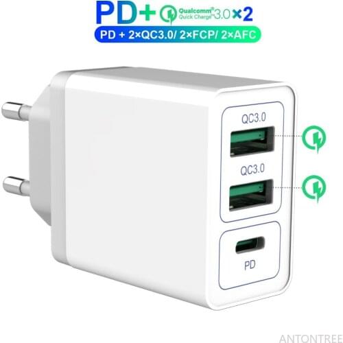 36W Fast Charging Plug Wall Quick Charger Adapter 3 Port QC3.0 PD Fast Charge Output Adapter for Samsung S21 S20 Ultra iPhone