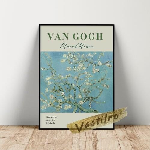 Vincent Van Gogh Museum Exhibition Poster, Van Gogh Almond Blossoms Canvas Painting, Gogh Retro Plant Flower Leaf Wall Picture