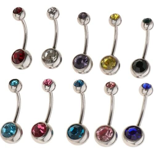 10Pc Assorted Color Navel Barbell Crystal Belly Button Ring Bar Piercing Jewelry 18g/1.2mm