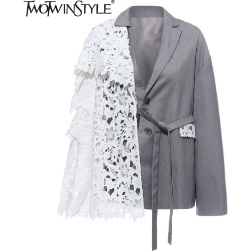 TWOTWINSTYLE Patchwork Lace Up Women Blazer Notched Long Sleeve Lace Up Hit Color Hollow Out Suit Female Fashion Clothing Tide
