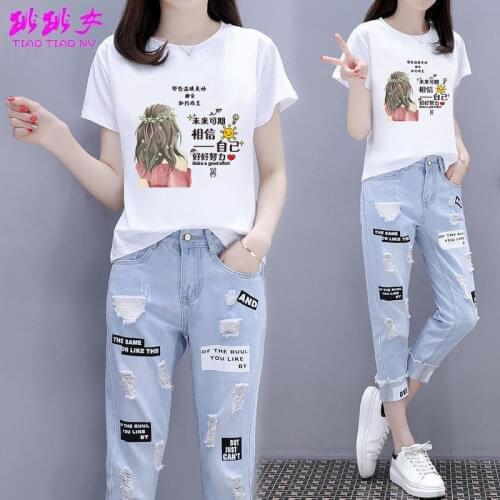 Ladies Two-piece 2021 Summer Fashion Korean Short-sleeved T-shirt + Ripped Nine-point Jeans Two-piece Woman