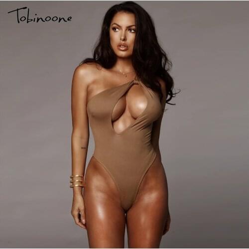 Tobinoone Hollow Out One Shoulder Sexy Bodysuit Women Summer Backless High Waist Jumpsuit Party Nightclub Sheath Rompers 2021