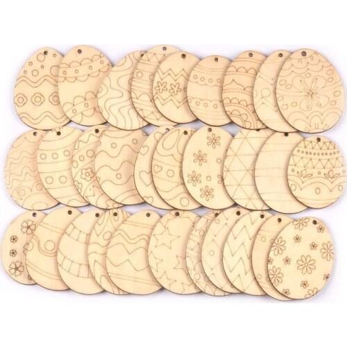 10Pcs Natural Wooden Drop Pendants Hanging Ornament Easter Egg Pattern Wood DIY Crafts Handmade Scrapbooking Home Decor 5-7cm