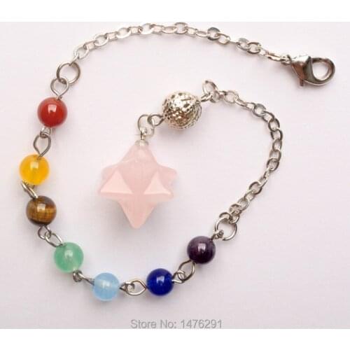 2017 Charming 16x16MM Genuine Rose Pink Quartz Briolette Pendulum Pendant With 7 Color Stone Chain 1PCS