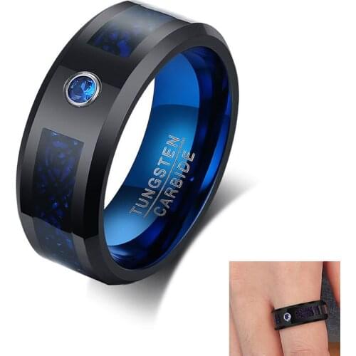 2020 Mens 8mm Inlay Blue Zircon Band Black Dragon Tungsten Carbide Ring Comfort Fit Wedding Band Size 7 - 12