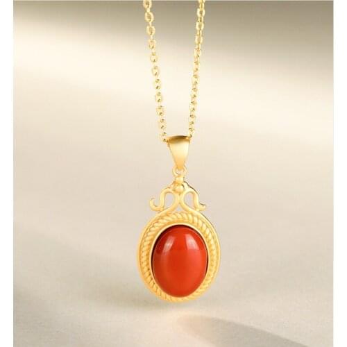 2021 New S925 Sterling Silver Gold-Plated Inlaid Natural Southern Red Agate Retro Personality Ladies Pendant Clavicle Chain
