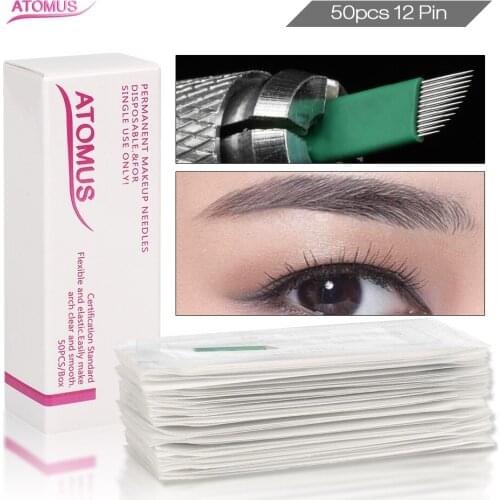 50pcs 12pins Tattoo Needling Permanent Makeup Needles Micro Blading Microblading Needles Blades Lamina Agulha Sobrancelha Tebori