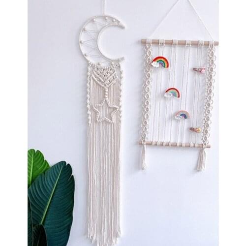 83XC Boho Macrame Hair Bow Clip Holder Woven Tassel Hairpin Headband Wall Organizer