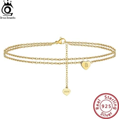 ORSA JEWELS 925 Sterling Silver Layered Letter Initial Heart Bracelet for Women Girls Vintage 14K Gold Fashion Jewelry APB01