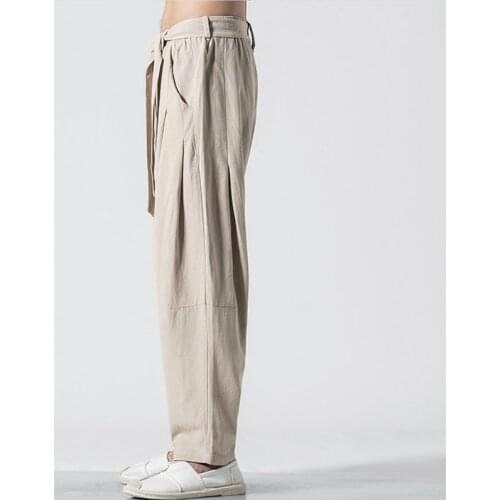 Summer Chinese Style Retro Mens Pants Loose Straight Linen Pants Tang Suit Wide Bloomers Joggers Large Size Cotton Harem Pants