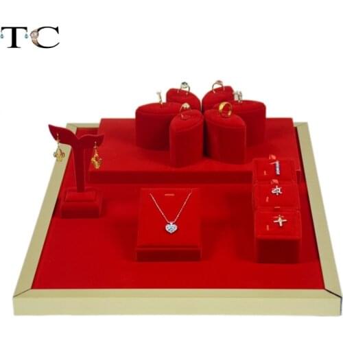 Stainless Steel Jewelry Display Showcases Red Velvet Ring Earrings Holder Jewellery Display Pendant Stand 52*38*15cm
