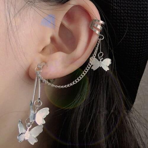 EN 2021 Punk Fashion Silver Color Butterfly Clip Earrings Ear Hook Metal Ear Clips Double Earring Earrings Women Jewelry Gift
