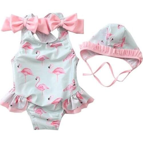 Pudcoco Summer Swimsuit Baby Kids Girl Beach Swimsuit Flamingo Swimming Bowknot Costume Trunks+Hat 2Pcs Tankini Set Costumes