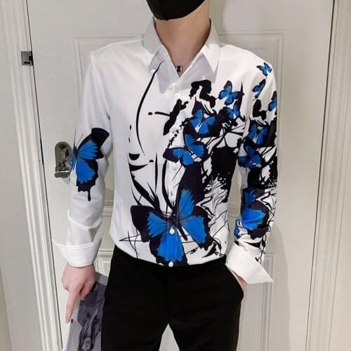 Fashion Butterfly Printed Mens Floral Shirt Autumn Long Sleeve Single Breasted Chemise Social Homme Stage Club Slim Fit Shirts