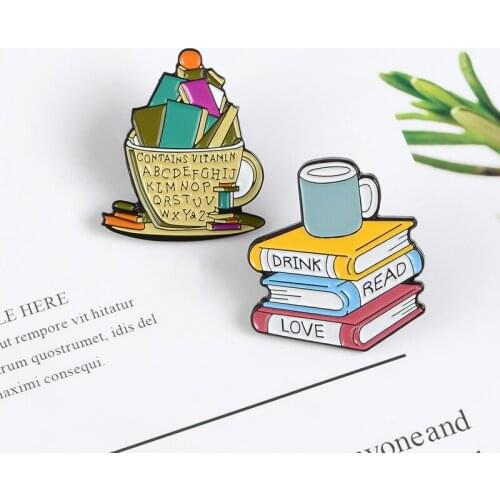 Cartoon Fun Retro Book Cup Learn Love Enamel Brooch Badge Cowboy Clothes Bag Pin Cute Accessories Woman Jewelry Gift For Friends