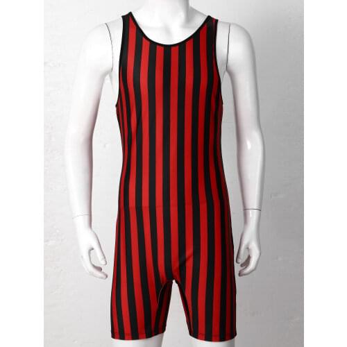 Mens Striped Wrestling Singlet Bodysuit Weight Lifting Stretchy Jockstraps Pouch Sissy Fitness Athletic Jumpsuit Clubwear