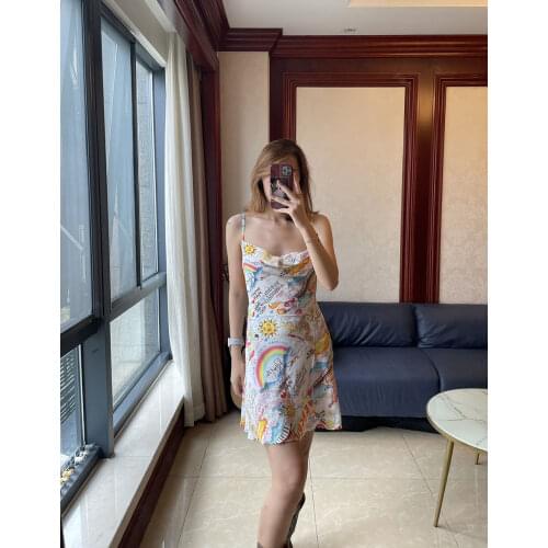 2020 Summer New Ladies Stylish Silk Graffiti Print Spaghetti Strap Mini Casual Dress With Lining And Zipper Closure