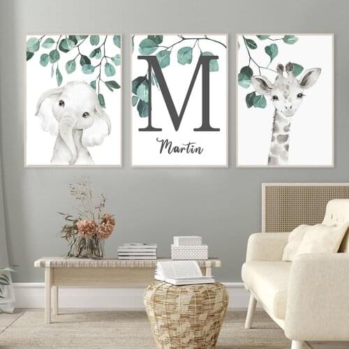Personalized Baby Name Poster Print Sarifi Eucalyptus Animals Wall Art Custom Nursery Canvas Painting For Kids Bedroom Pictures