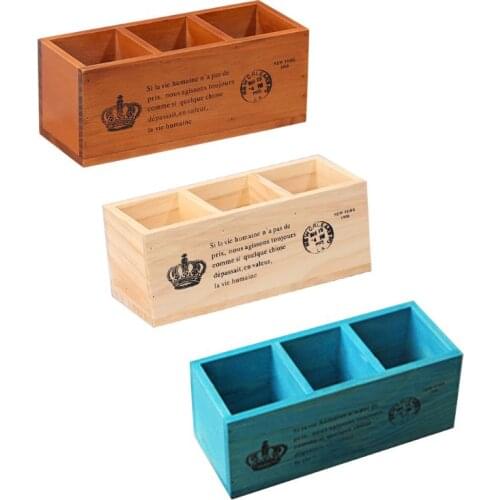 Rectangular Retro Wooden TV Remote Control Pen Phone Holder 3 Grid Stand Organizer Rack Case Box Storage