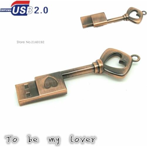 Mini metal Bronze heart-shaped key USB flash drive U Disk 4GB 8GB 16gb 32GB usb 2.0 pen drive Memory stick lover gift