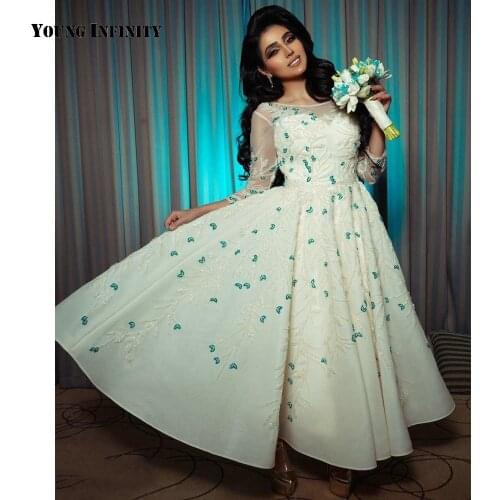 Luxury Evening Dress 2020 Scoop Heavy Beading Sequins Off White Saudi Arabia Style 3/4 Sleeves Prom Gown Formal Custom Made