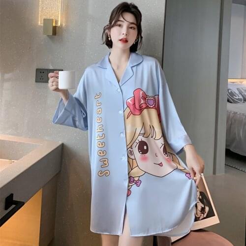 Women Sleepwear Casual Nightshirt Lounge Wear Satin Nightgown Sleep Shirt Summer New Print Lingerie Home Clothes Nightwear