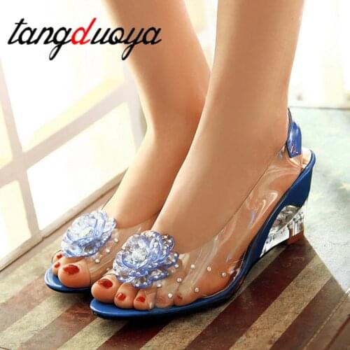 Womens sandals Jelly wedges Rhinestone sandals Flower Wedge High Heels Casual Woman Sandals Womens Shoes pvc high heels sandal