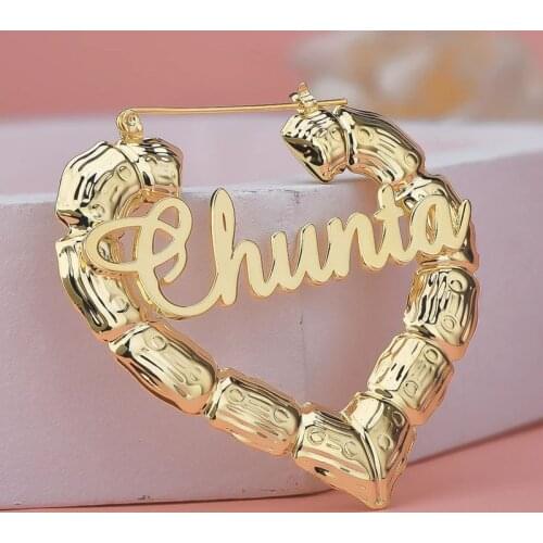 New Custom Heart Bamboo Hoop Earrings Stainless Steel Custom Name Earring Heart Shaped Earrings Personality Gifts For Women