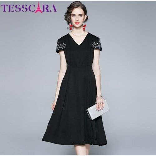 TESSCARA Women Elegant Beading Dress Festa High Quality Long Black Cocktail Party Robe Femme Runway Designer A-Line Vestidos