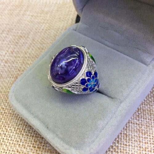 Pure 100% 925 silver ring female mosaic with natural lapis lazuli cloisonne filigree adjustable womens silver ring