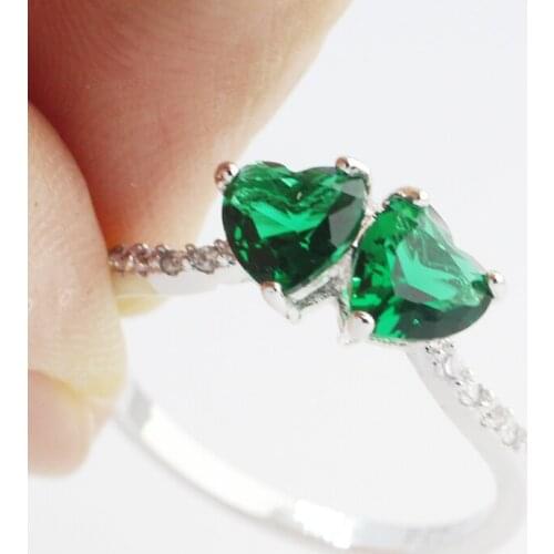 Lingmei New Fashion Double Heart Wedding Rings Multi Green Zircon JewelrySilver ColorRing Size 6 7 8 9 Wholesale Engagement