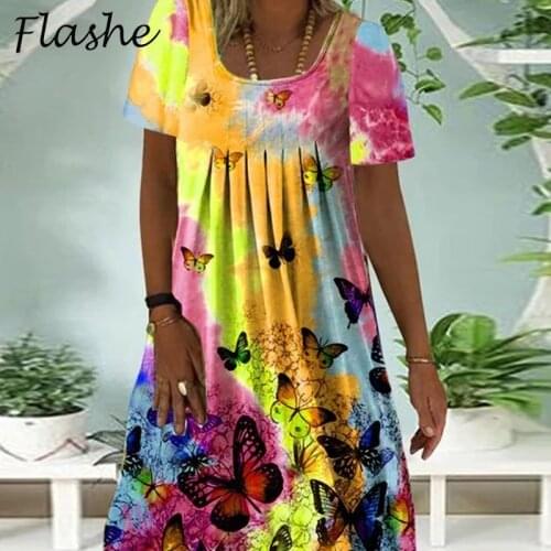 2021 Fashion Maxi Dress Womens Print Sundress Dresses Casual O Neck Loose Summer Vestidos Female Robe Plus Size Dress