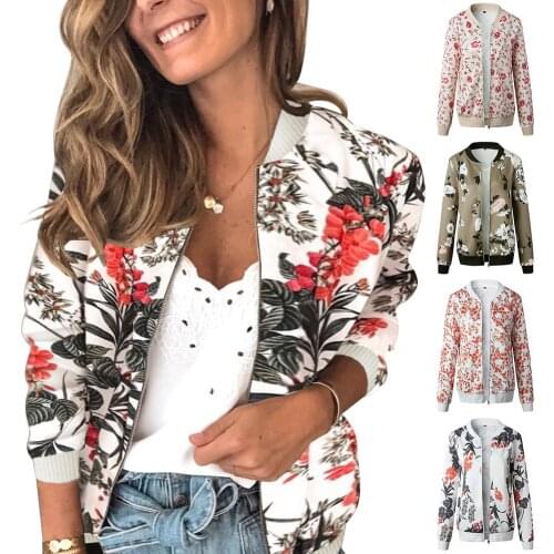 Women Autumn Winter Fashion Long Sleeve Vintage Floral Coat Zipper Bomber Jacket Ladies Casual Autumn Outwear Coats Clothing