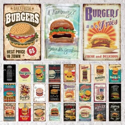 Retro Hamburger Tin Sign Vintage Fast Food Iron Plate Painting Plaque Bar Bistro Cafe Restaurant Kitchen Room Wall Decoration