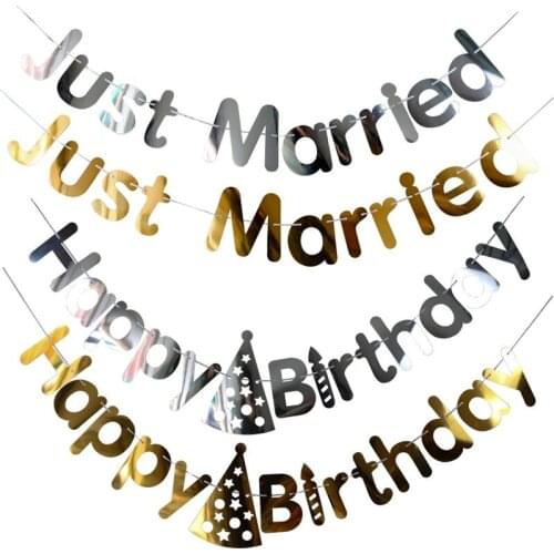 1 Set New Gold Silver Happy Birthday Banners Bunting Just Married Hanging Garland Flags for Wedding Birthday Party Decorations