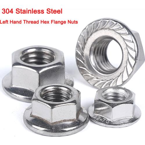 304 Stainless Steel Left Hand Thread Hex Serrated Flange Nut Reverse Thread Hexagon Serrated Spinlock Flange Nuts M5M6M8M10M12