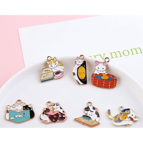 6pcs Japanese And Korean Girl Cartoon Earrings Fashion Alloy Drop Oil Fun Cute Pet Cat Pendant Material Diy Jewelry Accessories