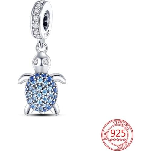 New 925 Sterling Silver Blue Zircon Sea Turtle Charm Beads Women Fashion Jewelry Fit Original Pandora Bracelet Pendant Necklace