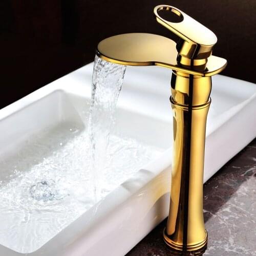 European high luxury solid brass gold finished bathroom sink waterfall faucet golden basin Hot and cold water mixer tap faucet