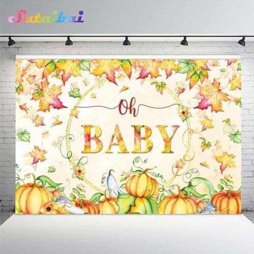 Oh Baby Birthday Party Background Autumn Pumpkins Maple Leaves Thanksgiving Backdrop Photocall Newborn Child Photo Studio Props